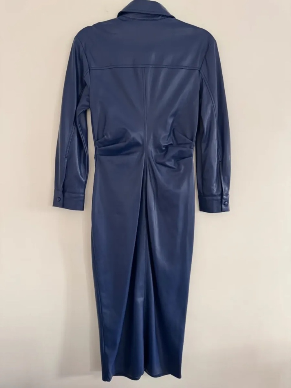 NWT Zara Faux Leather Blue Ruched Shirt Dress, Size M - Picture 5 of 9